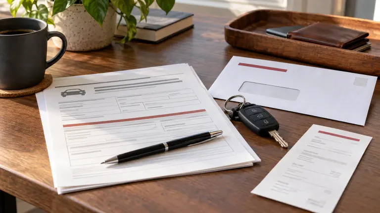 Fictional vehicle transfer records, an unbranded toll notice and car keys arranged on a desk.