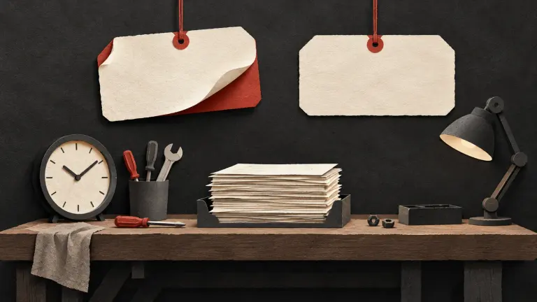 One unchanged workbench with a clock, tools and a supervised task stack