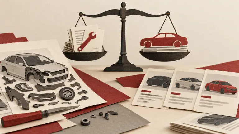 A paper-cut car repair scene beside a balance scale and comparable vehicle cards, illustrating a write-off valuation review.