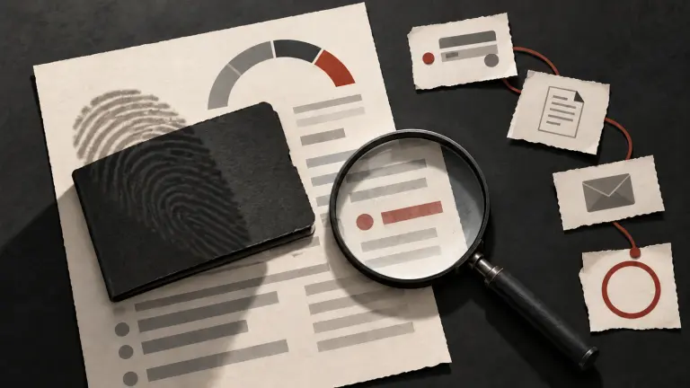 A magnifying glass examines an unfamiliar dark account file on a credit report beside separate evidence slips and an unresolved marker.