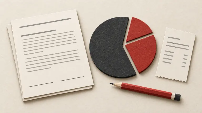 A blank fee agreement, divided charcoal and brick-red circle, receipt, and pencil illustrating how to review a legal fee