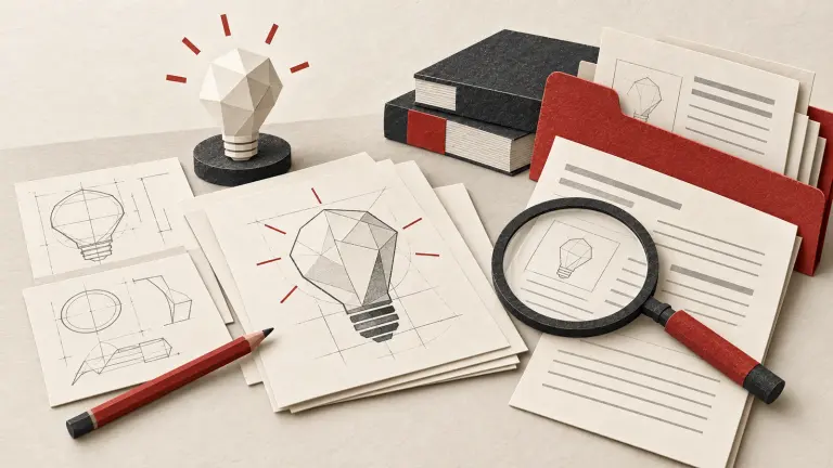 A geometric light-bulb concept, invention sketches, folder, pencil, and magnifying glass illustrating human review in patent work