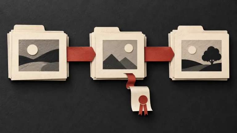 Three ivory portfolios connected by brick-red transfer strips in sequence, creator to agency to customer, with a tiny separate license ribbon that cannot be mistaken for ownership.