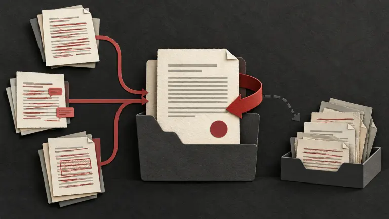 An executed agreement linked to amendments and versions, with superseded documents kept separately.