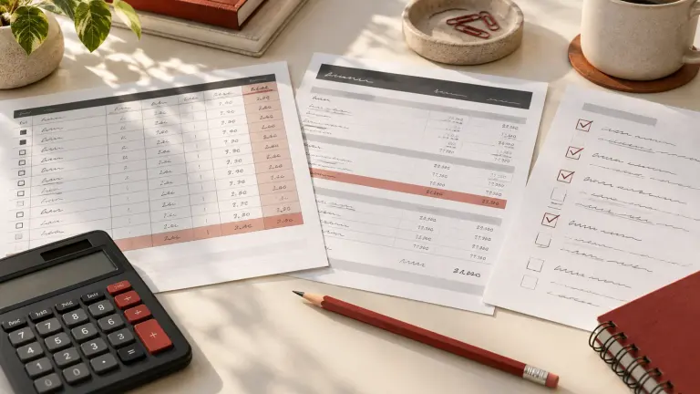 Fictional time records, pay statements and a settlement checklist arranged for comparing hours and final wages.
