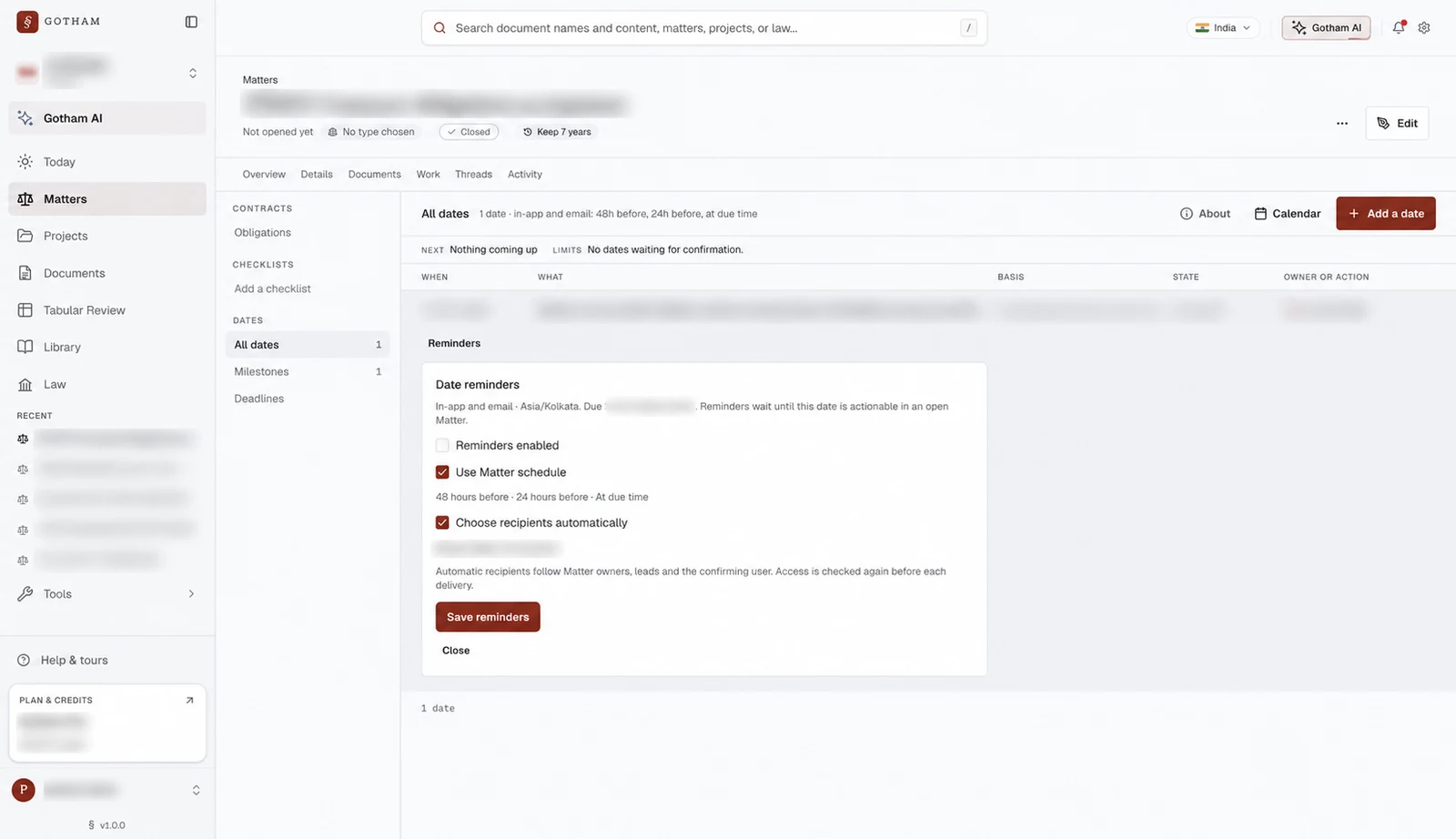 Privacy-blurred Gotham reminder panel showing schedule and recipient settings